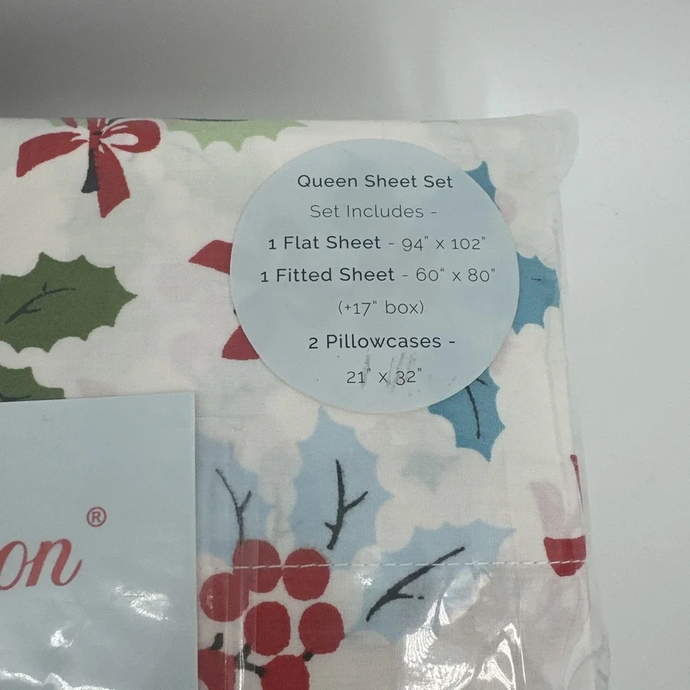 NEW Cath Kidston London Christmas Holly Queen Sheet Set‎ 6 Pc Holiday Cozy White